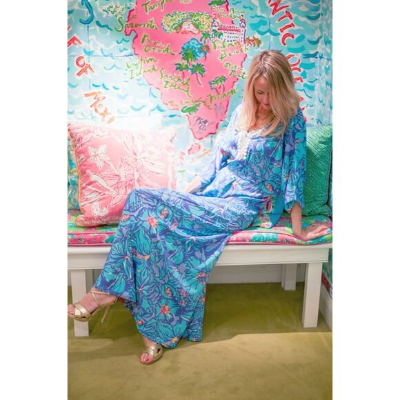 NWT Rare Lilly Pulitzer Wilda Maxi Caftan Iris Blue Mai Tai Size XS Missing Belt - Picture 2 of 11